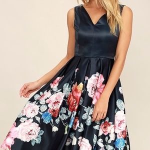 LuLu's Navy Blue Floral Print Midi Dress